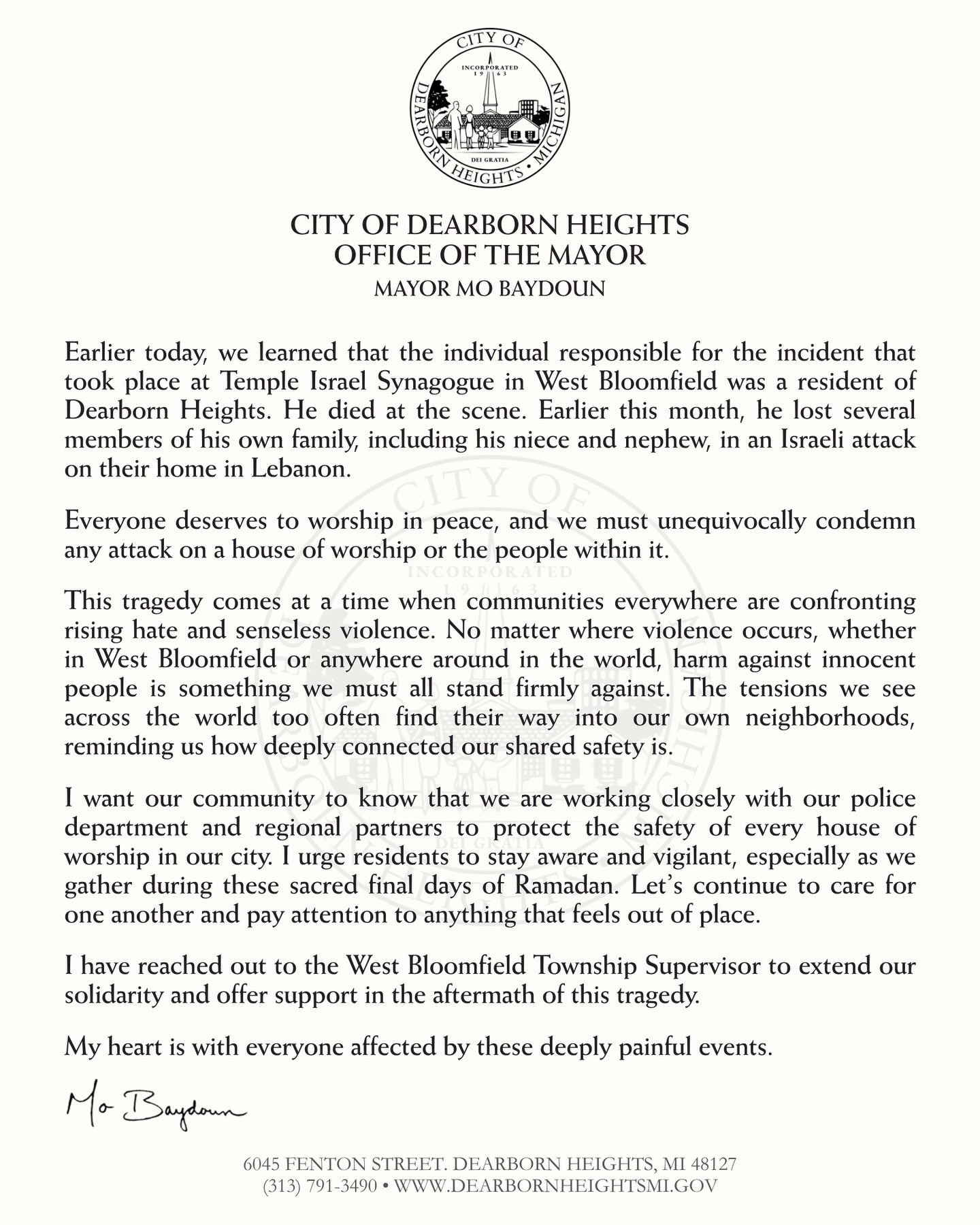Mayor Mo Baydoun’s statement on the Temple Israel attack